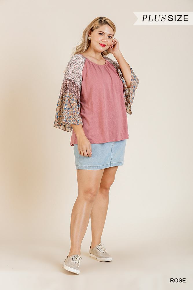 Sheer Mixed Floral Print Bell Sleeve Round Neck Top - Absolute Fashion 2020