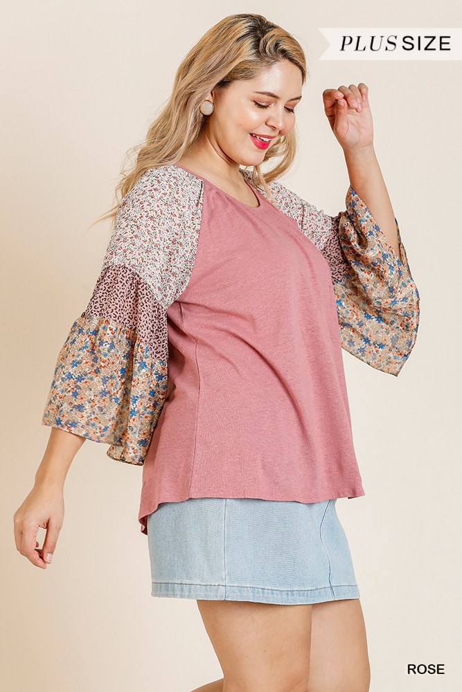 Sheer Mixed Floral Print Bell Sleeve Round Neck Top - Absolute Fashion 2020