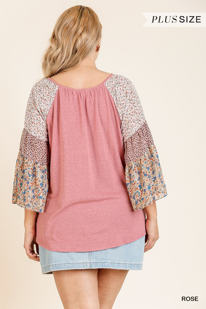 Sheer Mixed Floral Print Bell Sleeve Round Neck Top - Absolute Fashion 2020