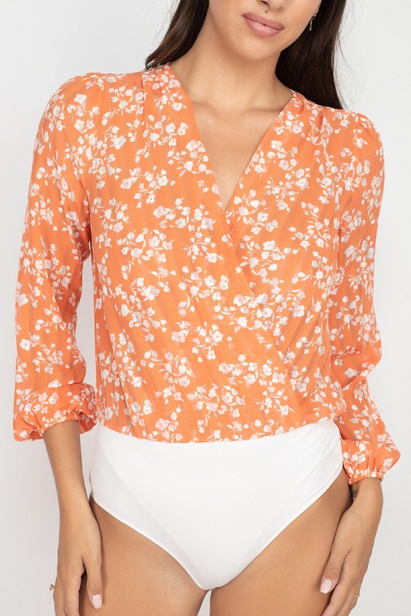 Floral & Shadow Striped Front Wrap Bodysuit - Absolute Fashion 2020