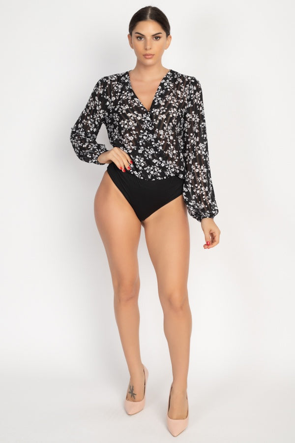 Floral & Shadow Striped Front Wrap Bodysuit - Absolute Fashion 2020