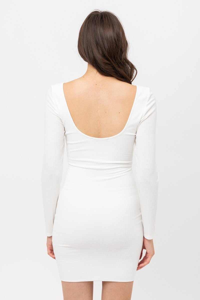 U Neck Of Front And Back Side, Basic Rib Dress With Long Sleeve - Absolute Fashion 2020