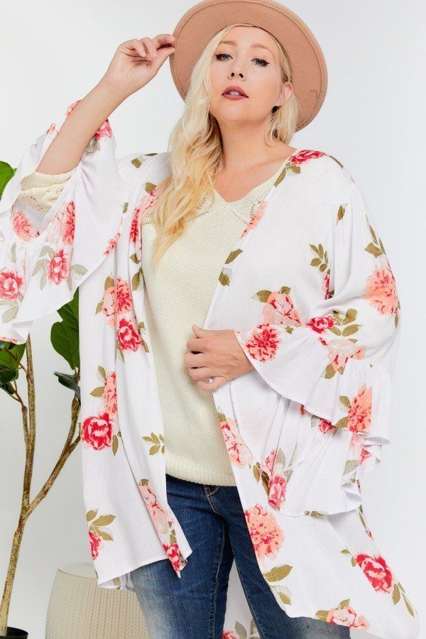 Floral Print Ruffle Detailed Draped Longline Maxi Kimono Cardigan - Absolute Fashion 2020