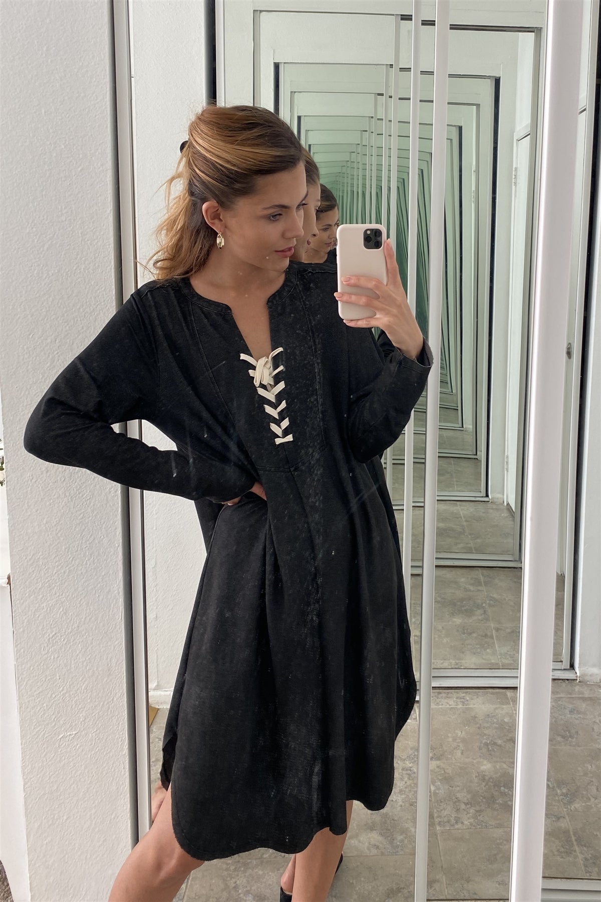 Lace Up V Neck Loose Tunic Dress - Absolute Fashion 2020