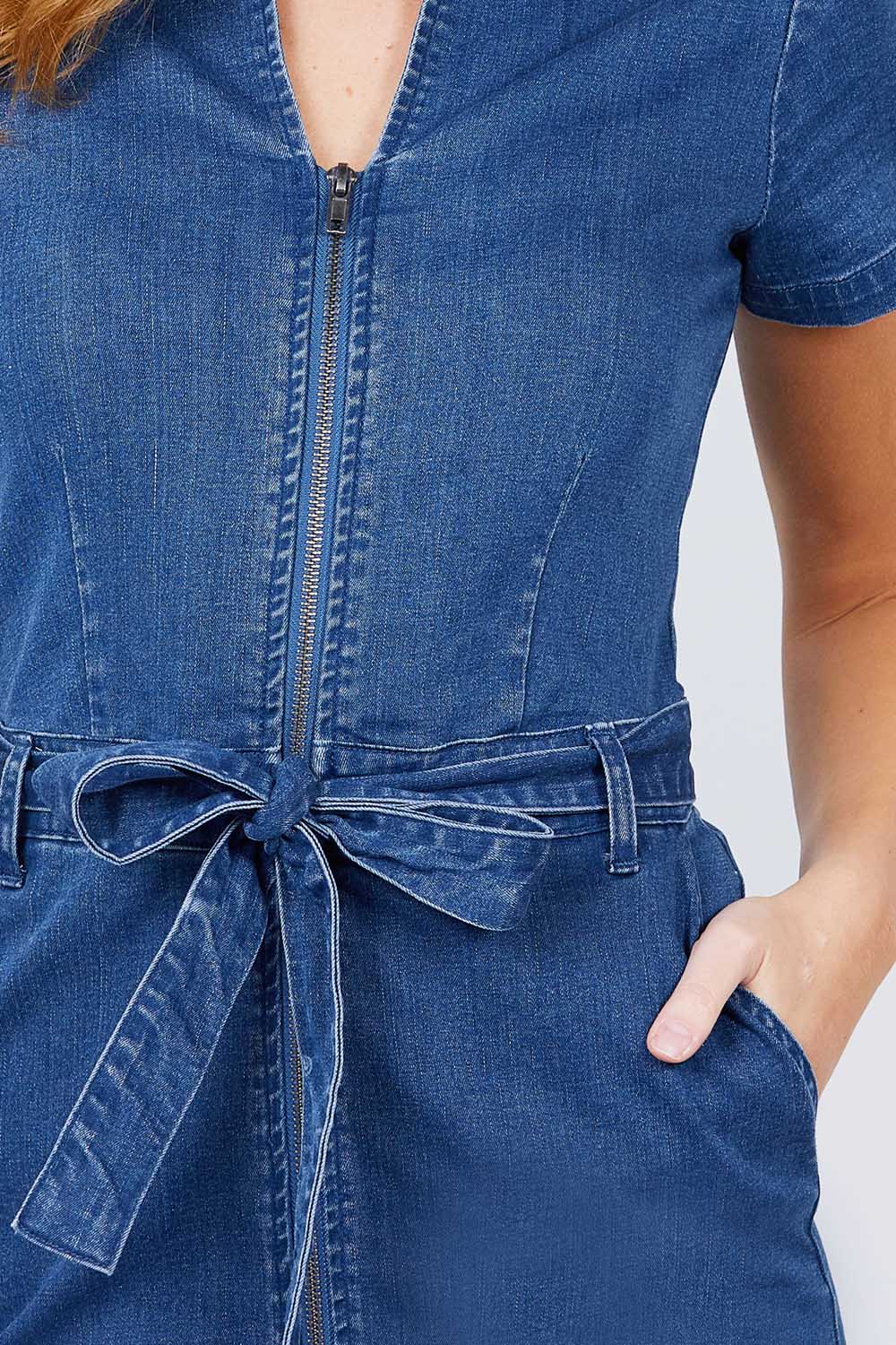 Short Sleeve Collar With Front Zipper Waist Ribbon Denim Mini Dress - Absolute Fashion 2020
