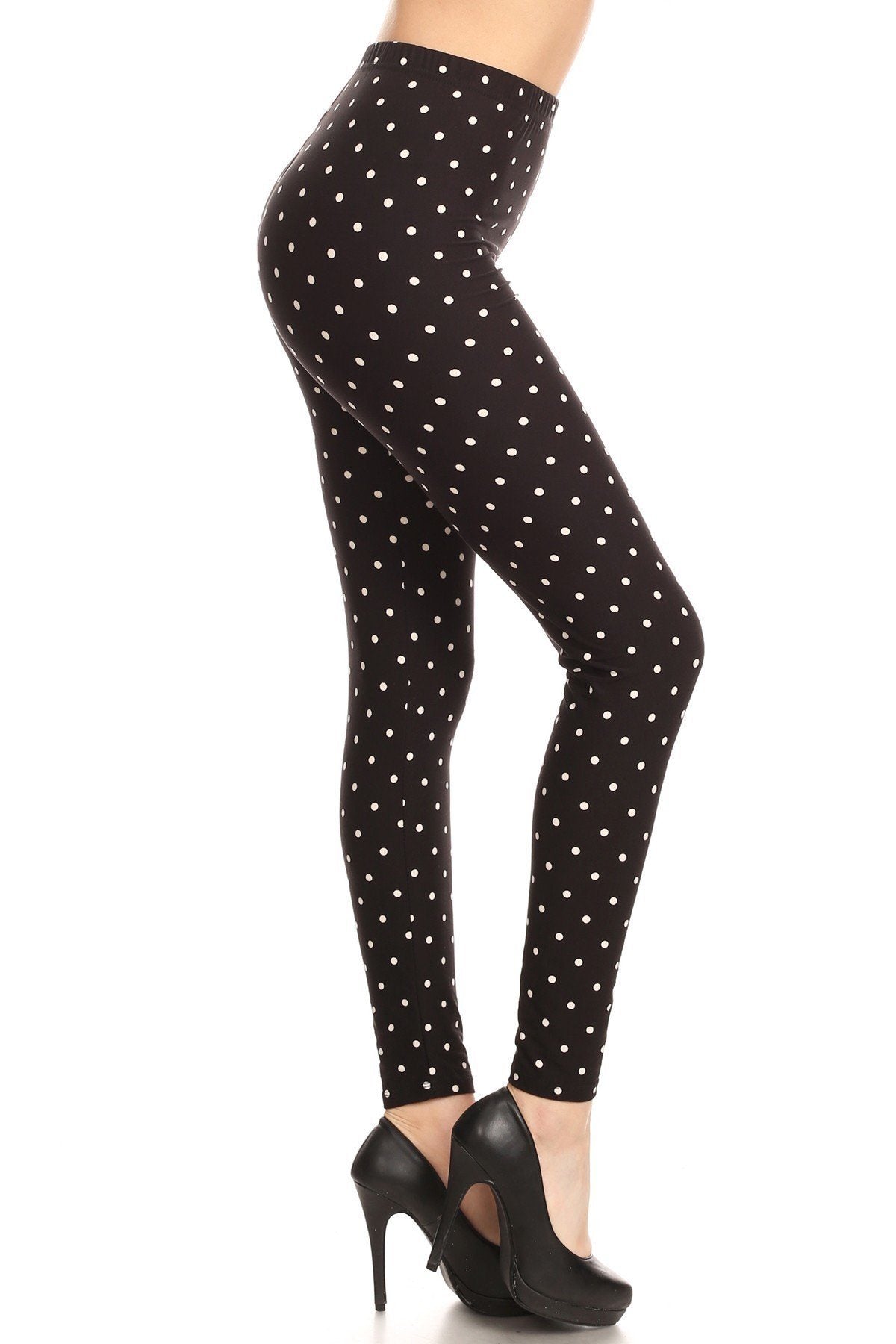 High Waisted Leggings With An Elastic Band In A White Polka Dot Print Over A Black Background - Absolute Fashion 2020