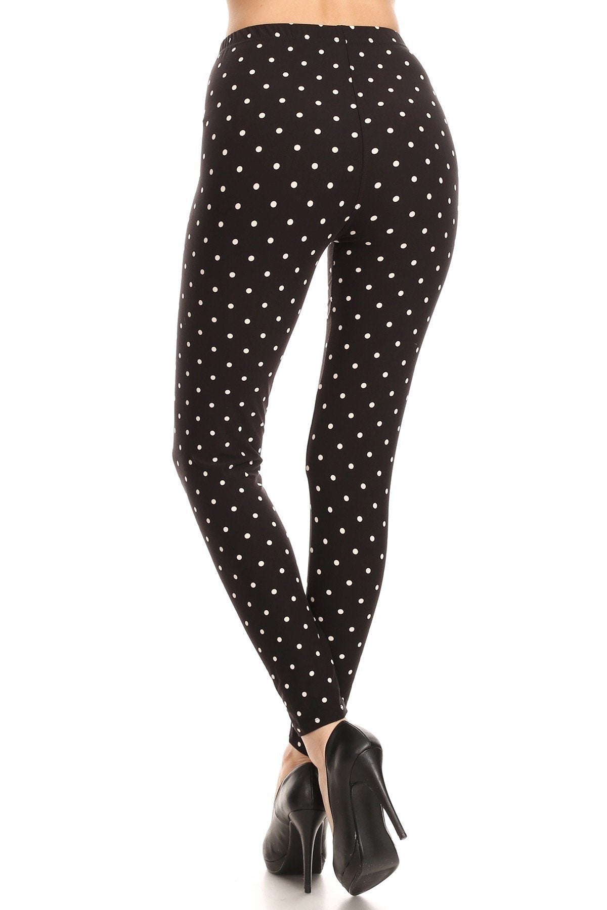 High Waisted Leggings With An Elastic Band In A White Polka Dot Print Over A Black Background - Absolute Fashion 2020