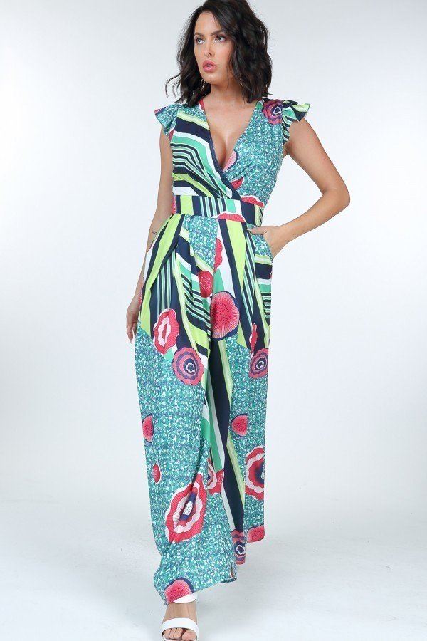 Ruffle Sleeve Surplice Jumpsuit - Absolute Fashion 2020