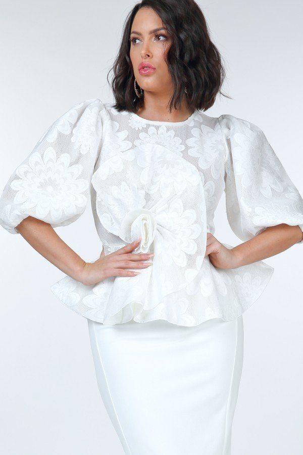 Puff Sleeve Flower Patch Lace Peplum Top - Absolute Fashion 2020