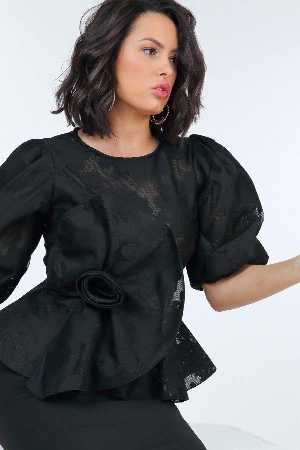 Puff Sleeve Flower Patch Lace Peplum Top - Absolute Fashion 2020