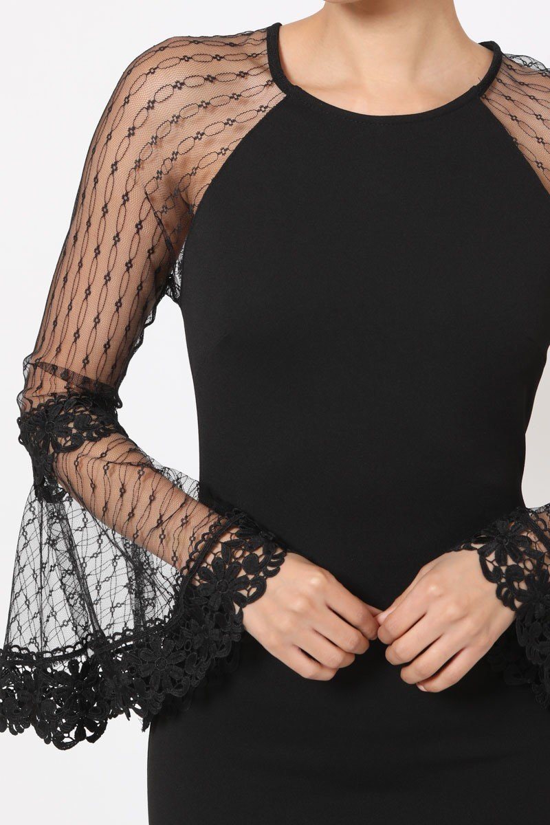 Bell Sleeve Mesh Combined Fashion Long Dress - Absolute Fashion 2020