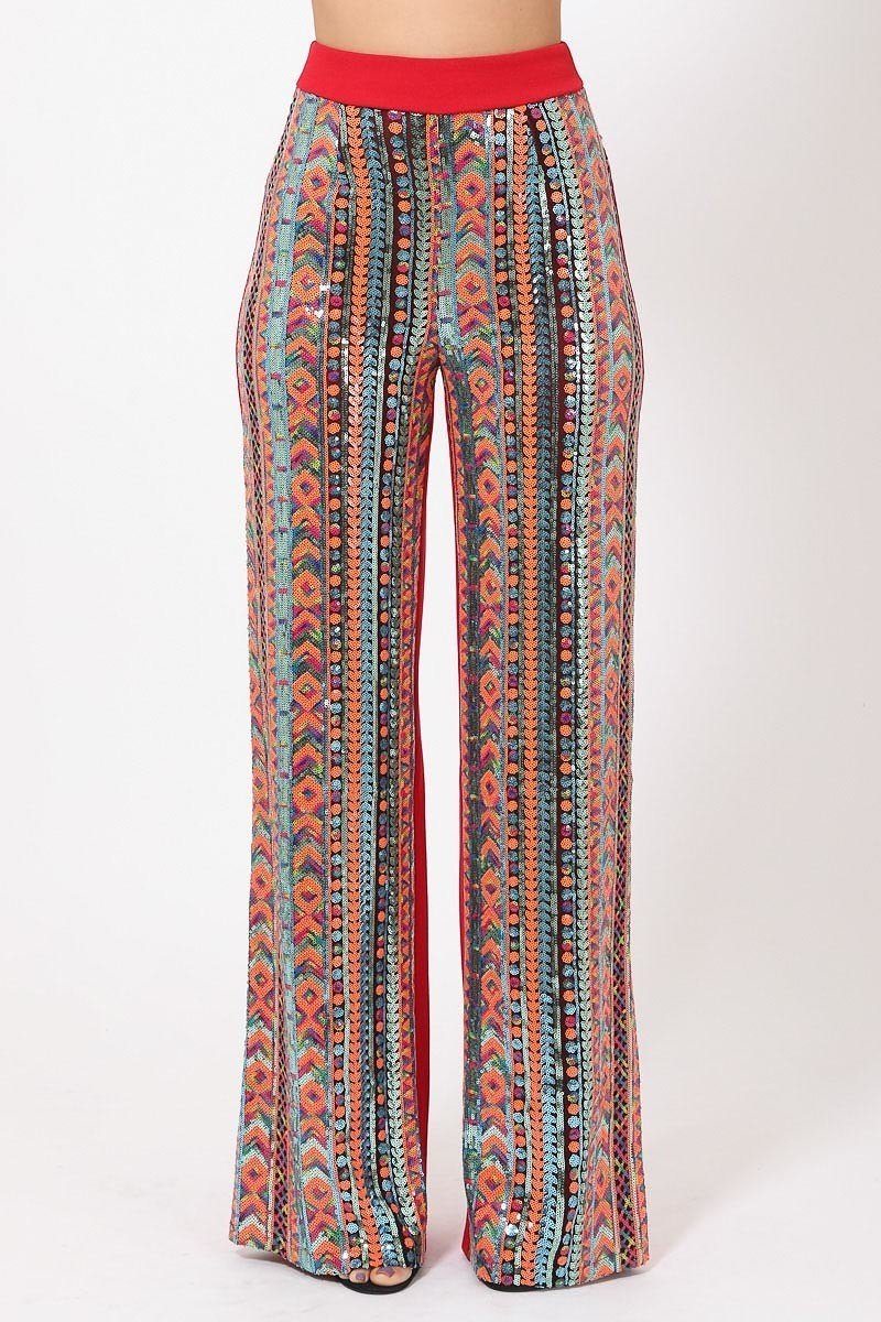 High Waist Colorful Sequins Pattern Pants - Absolute Fashion 2020