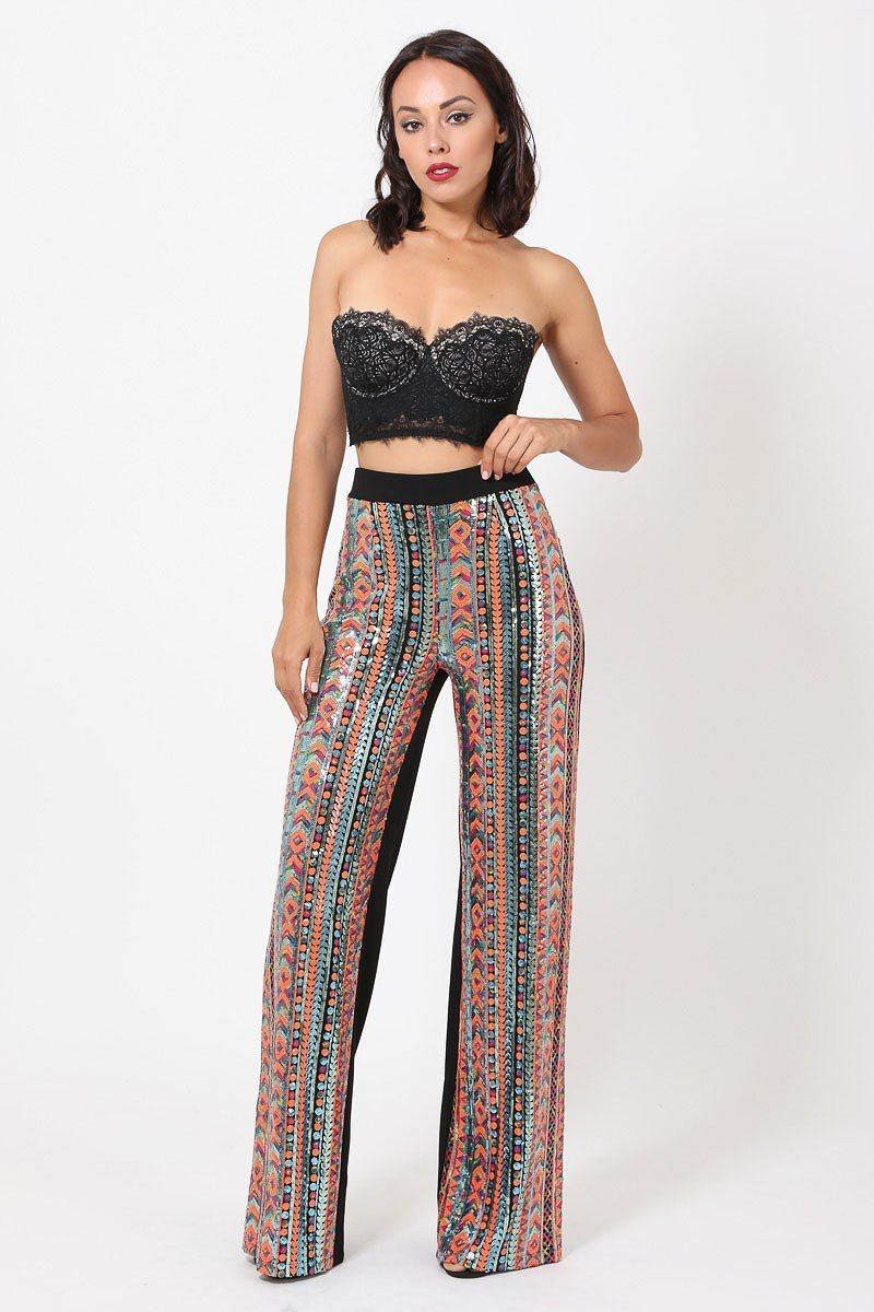 High Waist Colorful Sequins Pattern Pants - Absolute Fashion 2020