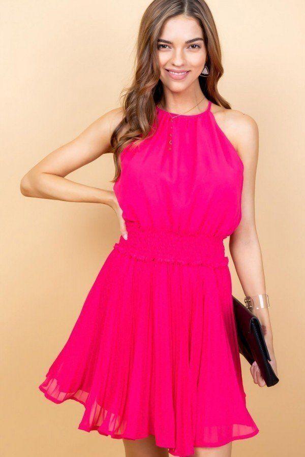 Round Neck Waist Smocking Back Button Pleats Bottom Skirt Solid Dress - Absolute Fashion 2020
