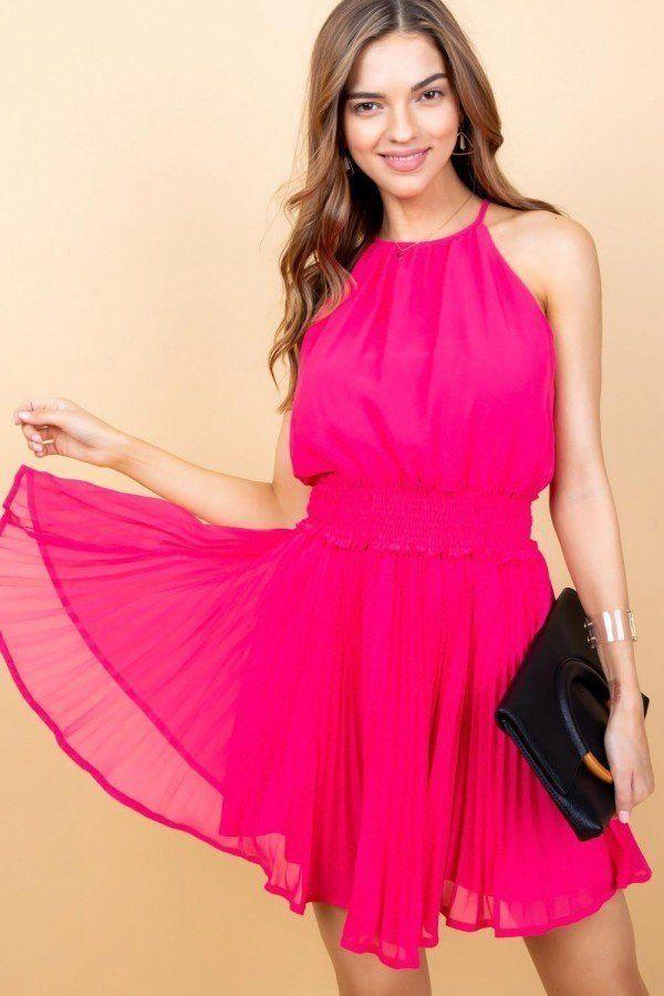 Round Neck Waist Smocking Back Button Pleats Bottom Skirt Solid Dress - Absolute Fashion 2020