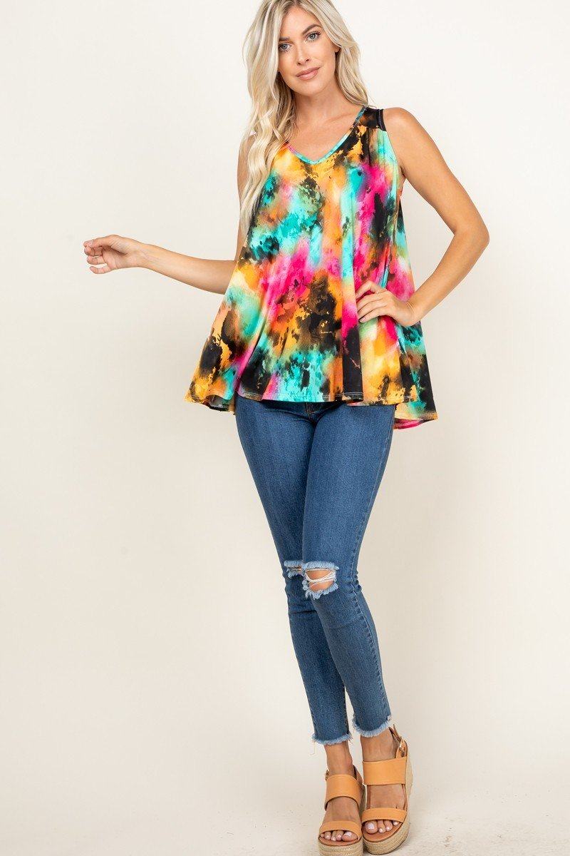 Tie Dye Sleeveless V Neck Swing Tunic Top - Absolute Fashion 2020