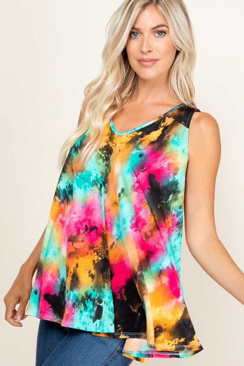 Tie Dye Sleeveless V Neck Swing Tunic Top - Absolute Fashion 2020