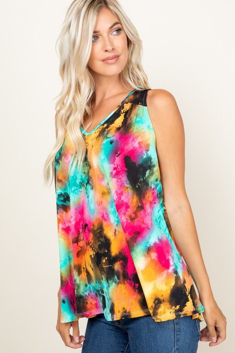 Tie Dye Sleeveless V Neck Swing Tunic Top - Absolute Fashion 2020