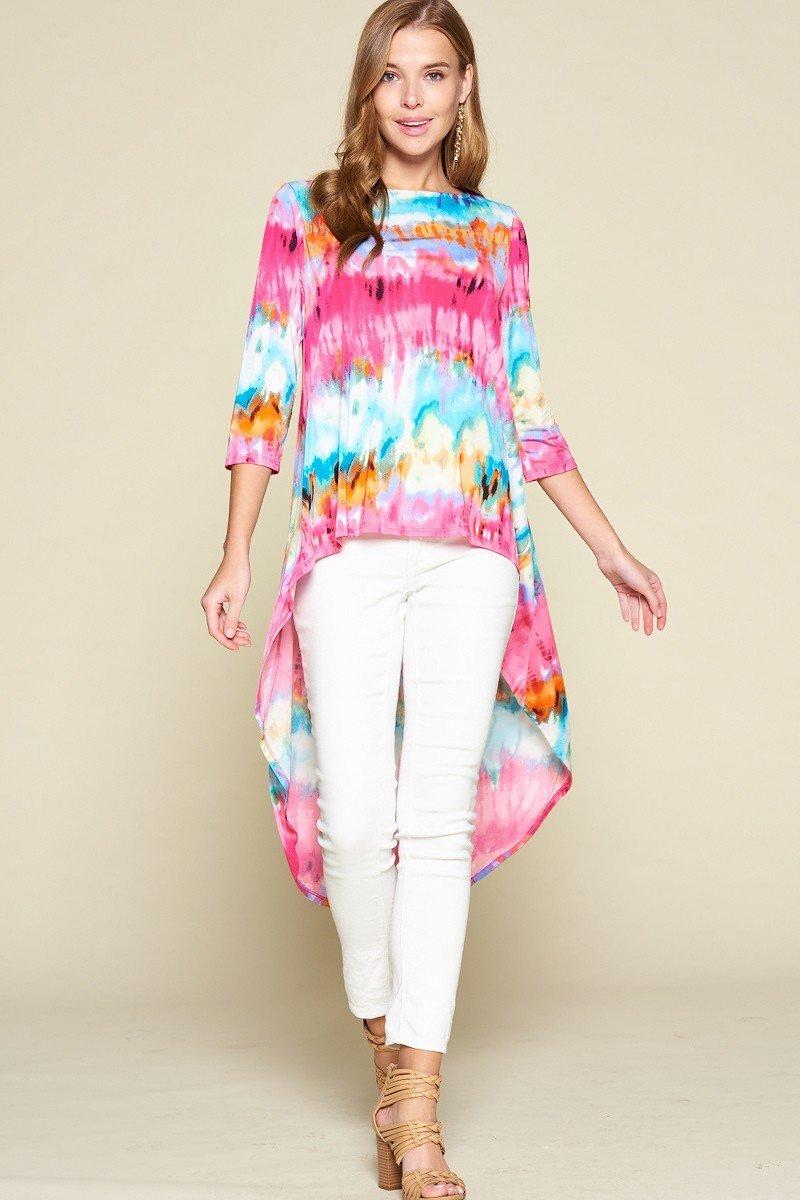 Tie-dye Venechia High Low Fashion Top With 3/4 Sleeves - Absolute Fashion 2020