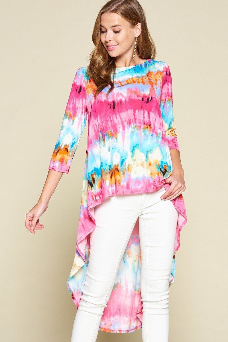 Tie-dye Venechia High Low Fashion Top With 3/4 Sleeves - Absolute Fashion 2020