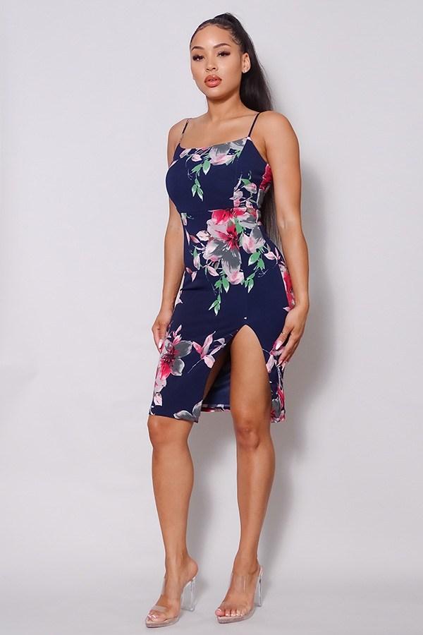 Sexy Spaghetti Strap Front Slit Floral Midi Dress - Absolute Fashion 2020
