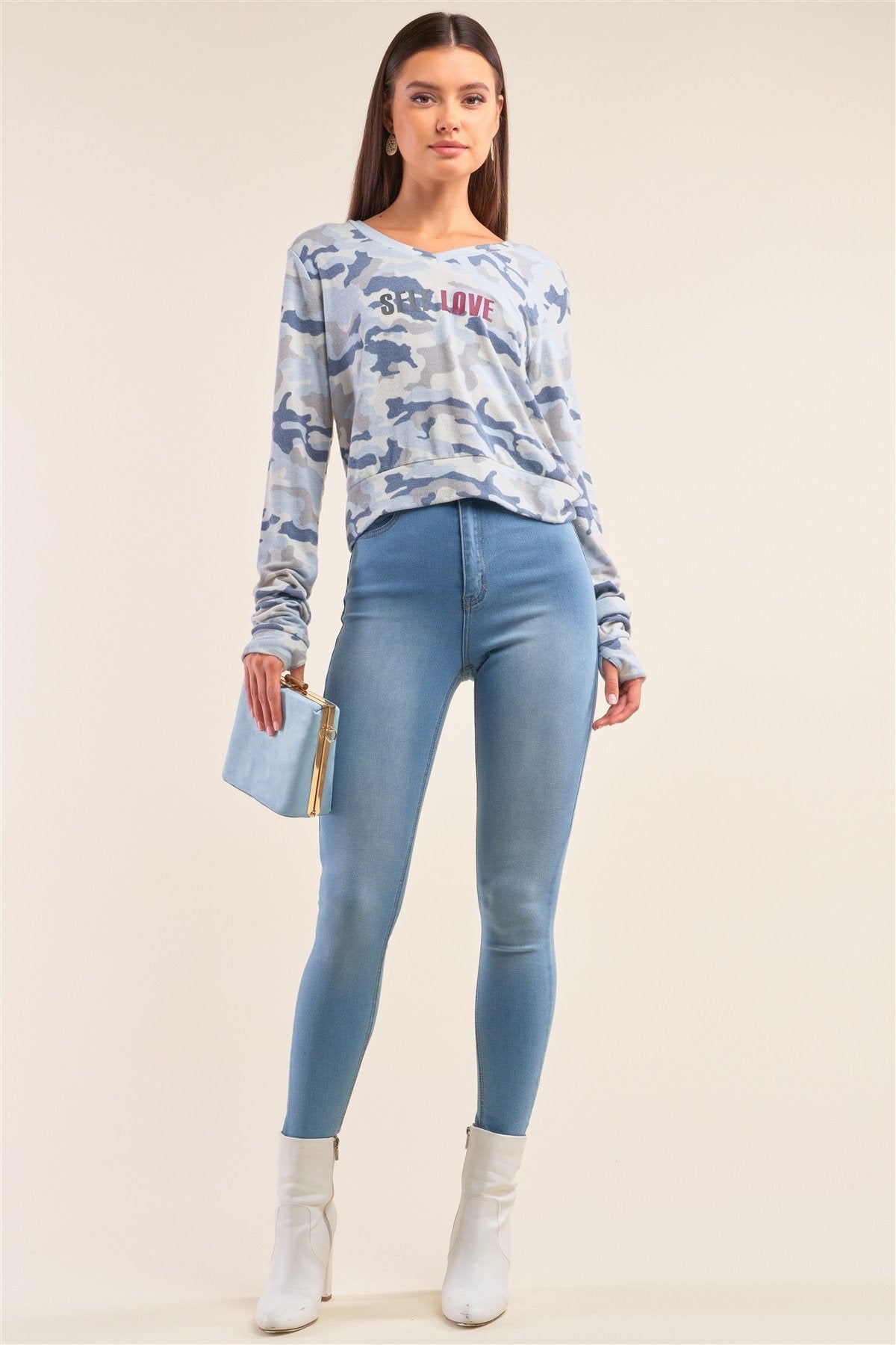 Camo Blue Long Sleeve V-neck "self Love" Comfy Top - Absolute Fashion 2020