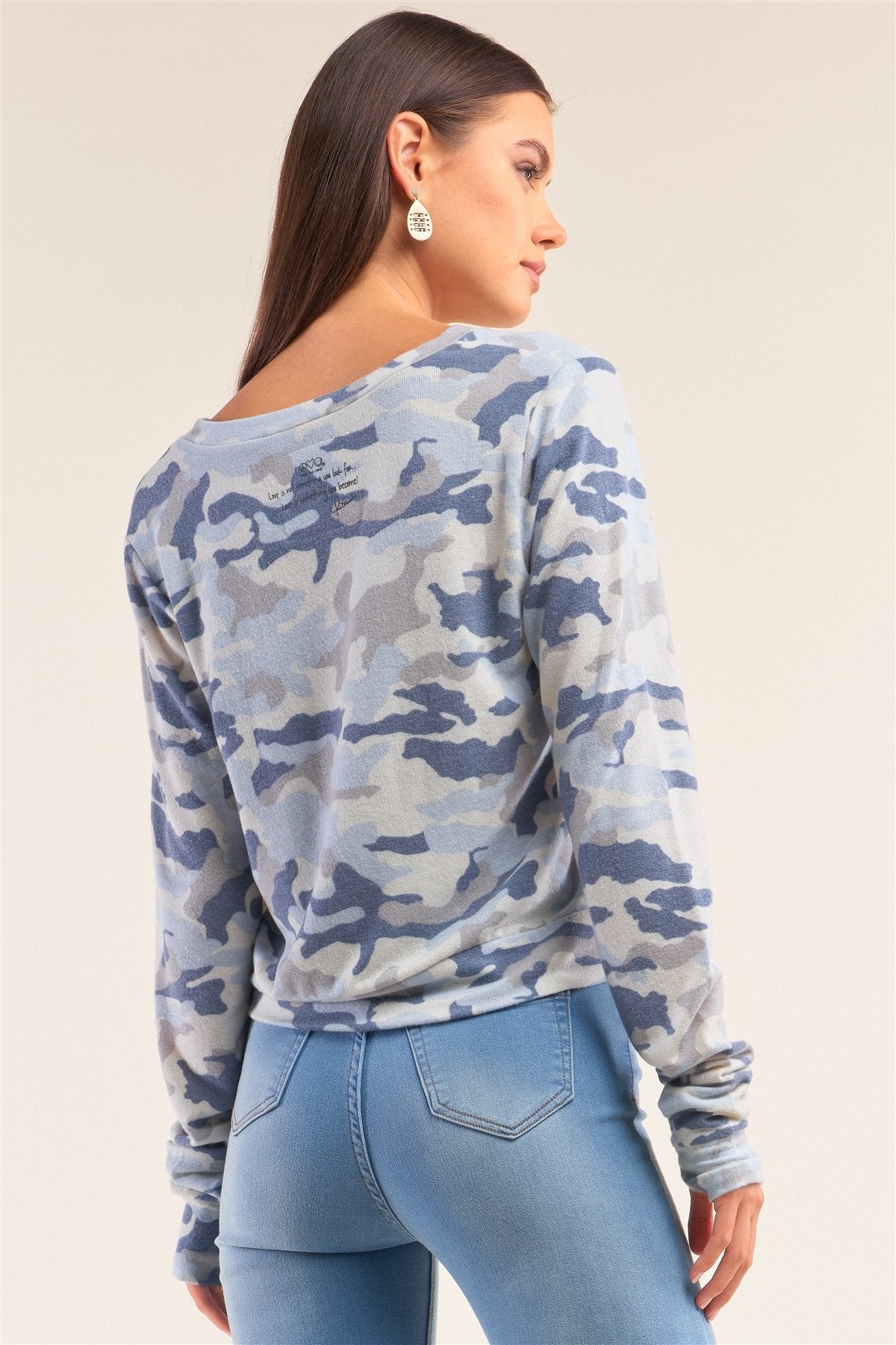 Camo Blue Long Sleeve V-neck "self Love" Comfy Top - Absolute Fashion 2020