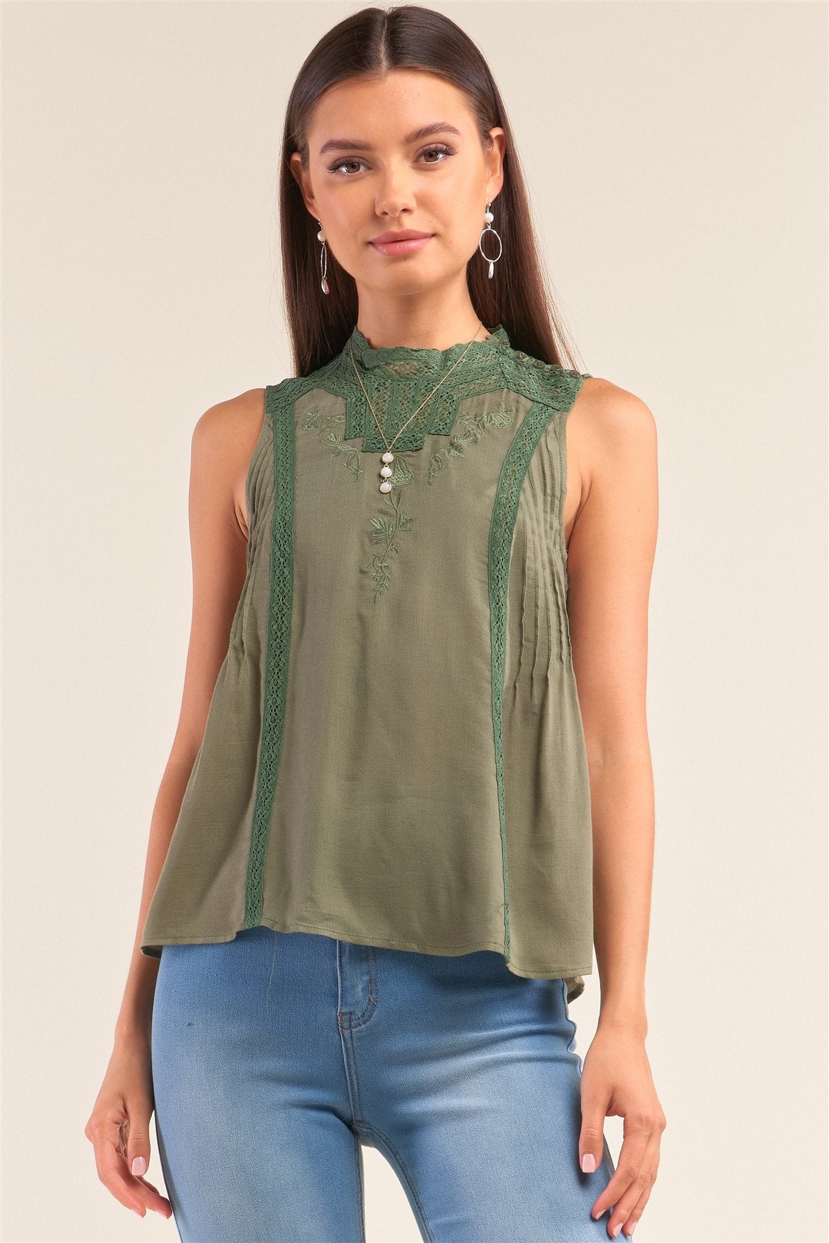 Forest Green Sleeveless Crochet Embroidered Hem Pleated Babydoll Top - Absolute Fashion 2020