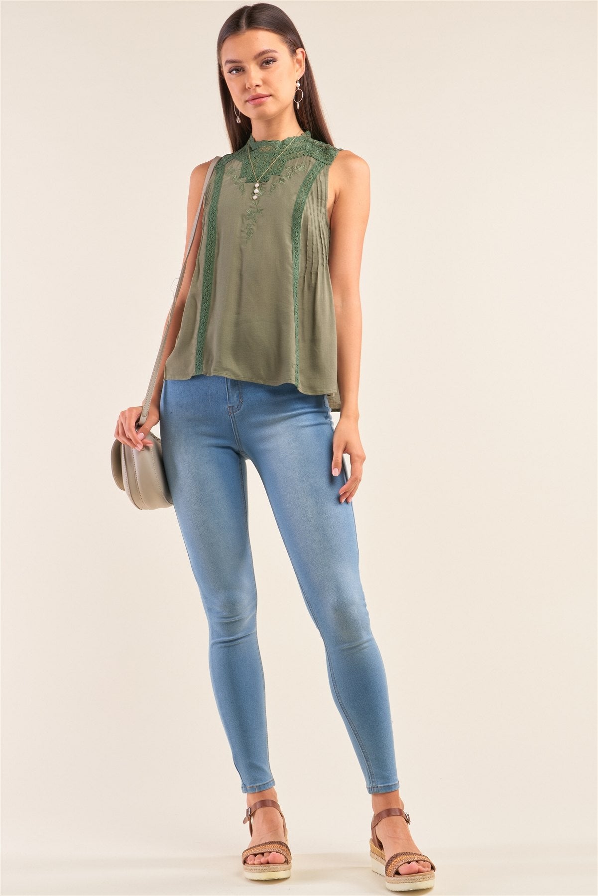 Forest Green Sleeveless Crochet Embroidered Hem Pleated Babydoll Top - Absolute Fashion 2020