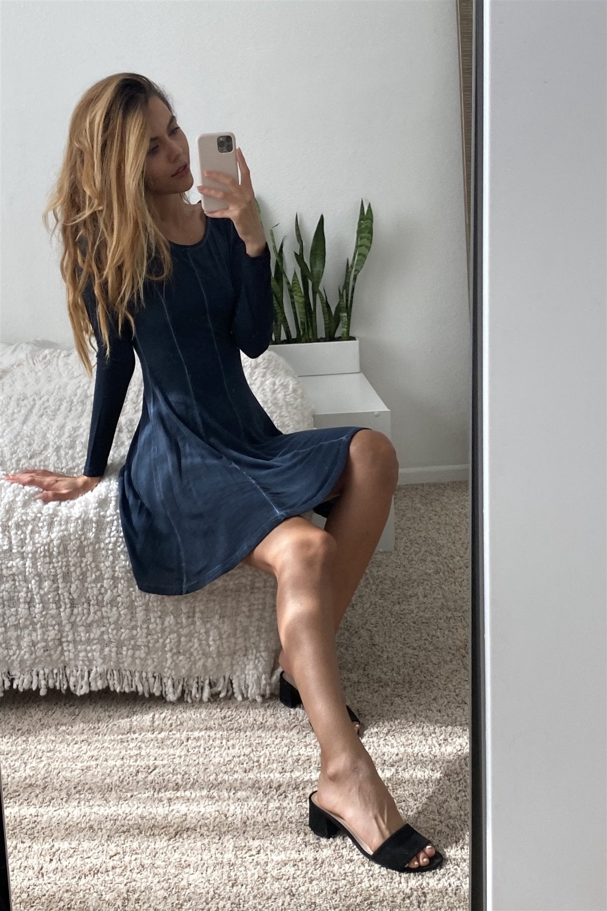 Boho Navy Blue Acid Wash Long Sleeves Swing Dress - Absolute Fashion 2020