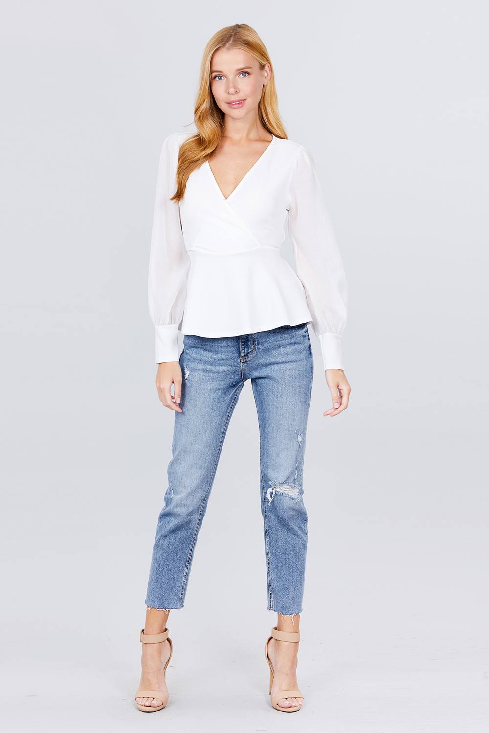 Puff Sleeve V-neck Peplum Top - Absolute Fashion 2020