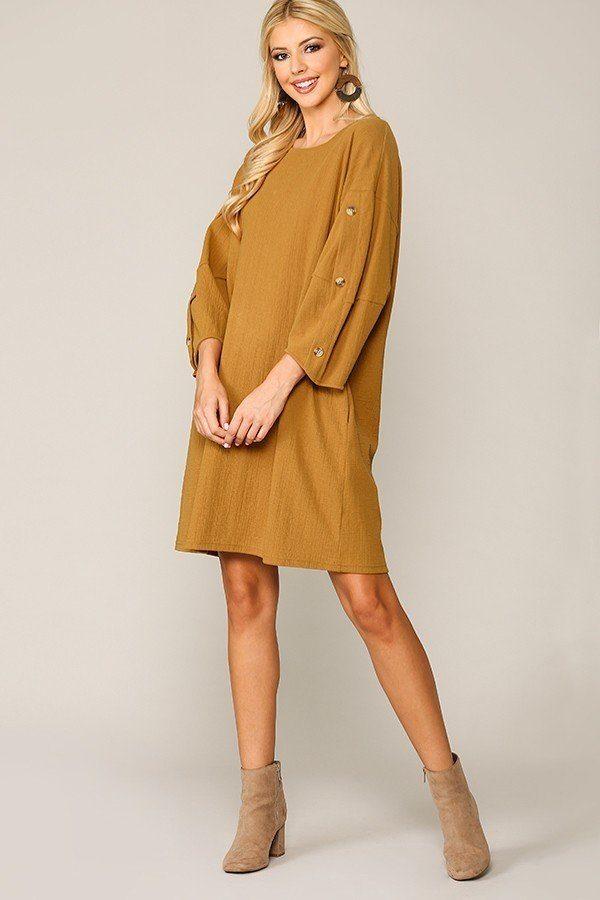 Textured Button Accent Puff Sleeve Side Pockets Shift Dress - Absolute Fashion 2020