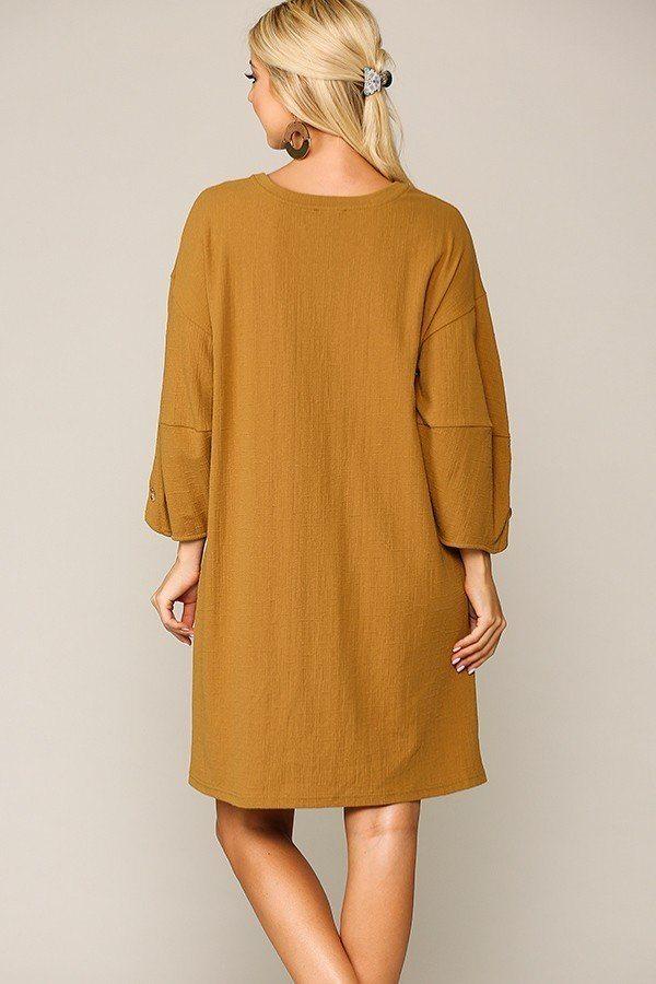Textured Button Accent Puff Sleeve Side Pockets Shift Dress - Absolute Fashion 2020