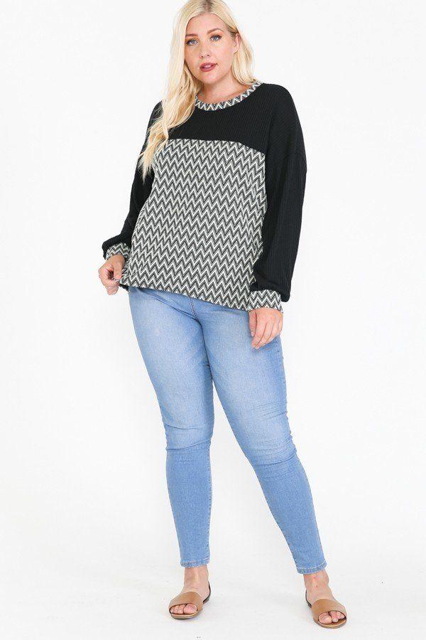 Jacquard Contrast With Drop Shoulder Long Sleeve Round Hem Top - Absolute Fashion 2020