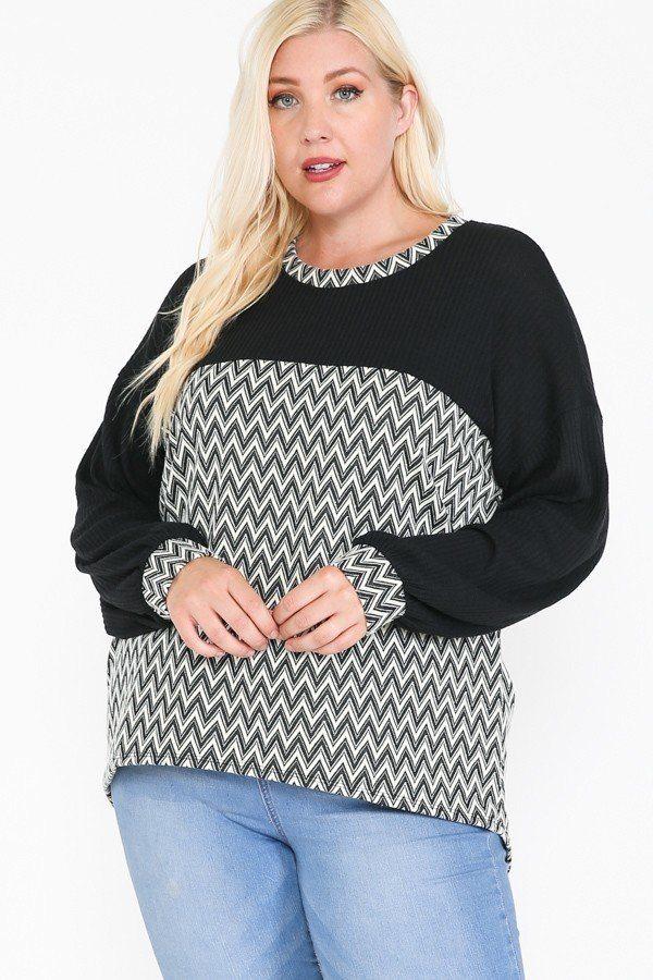 Jacquard Contrast With Drop Shoulder Long Sleeve Round Hem Top - Absolute Fashion 2020