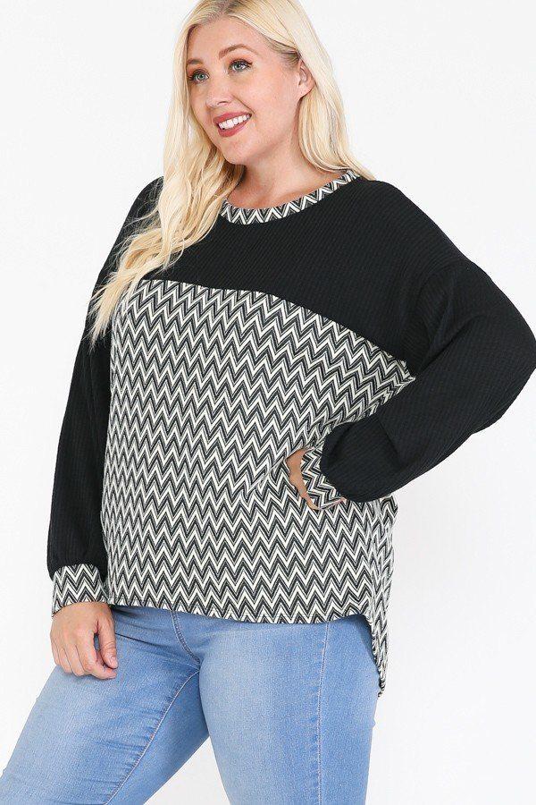 Jacquard Contrast With Drop Shoulder Long Sleeve Round Hem Top - Absolute Fashion 2020