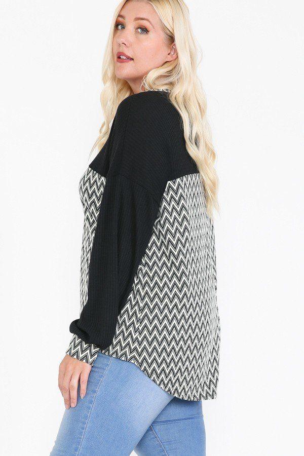 Jacquard Contrast With Drop Shoulder Long Sleeve Round Hem Top - Absolute Fashion 2020