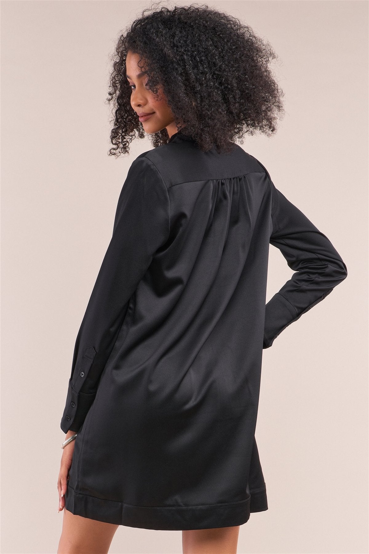 Jet Black Satin V-neck Long Sleeve Relaxed Fit Shirt Dress - Absolute Fashion 2020