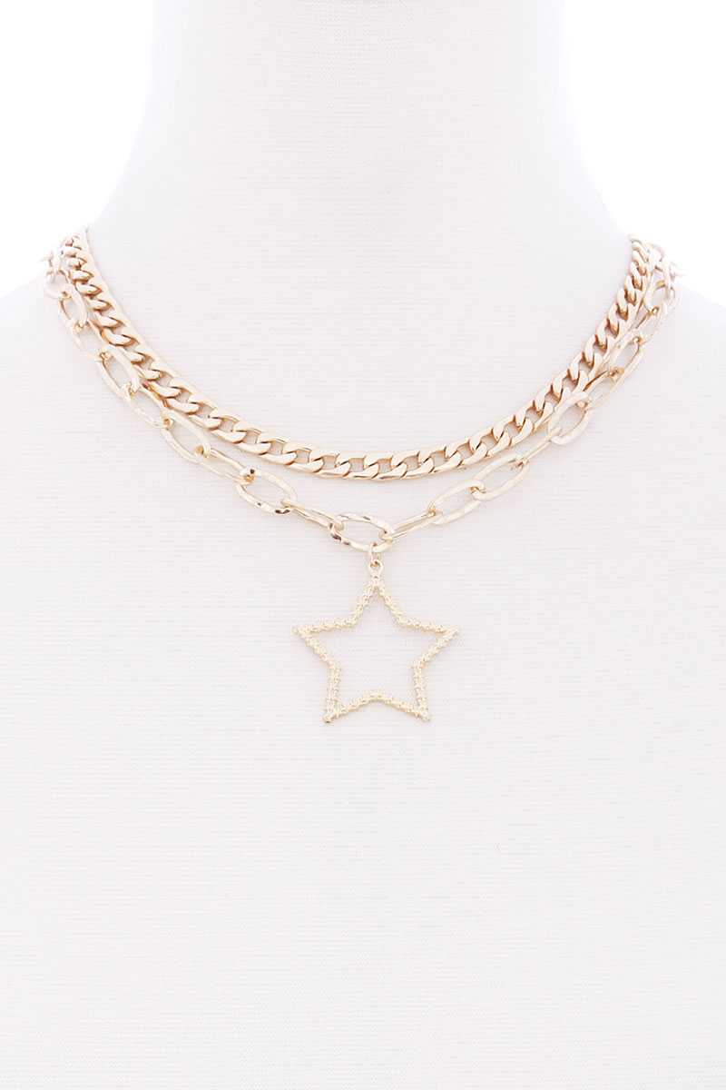 Chunky 2 Layered Chain Star Pendant Metal Necklace - Absolute Fashion 2020