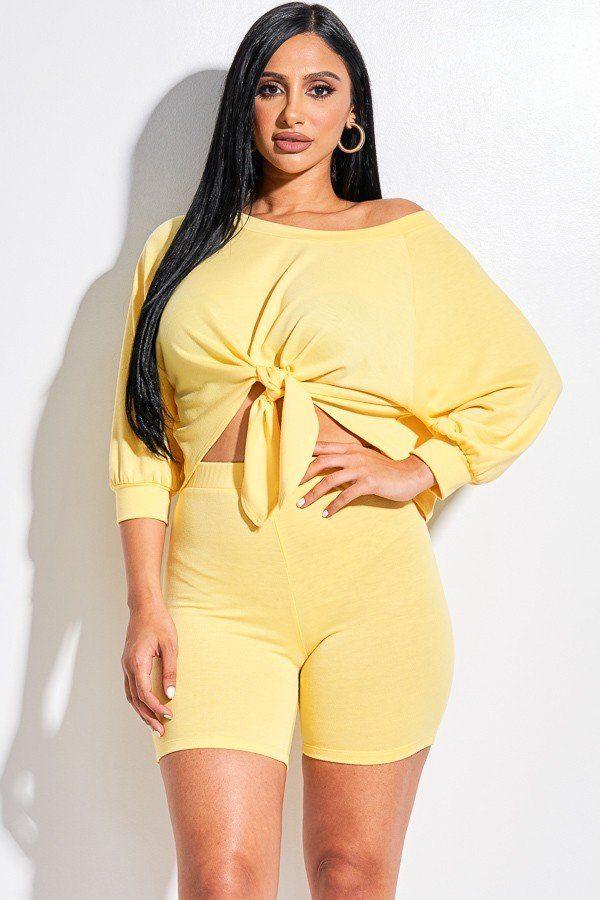 Solid French Terry Tie Front Off The Shoulder Slouchy Top And Shorts Two Piece Set - Absolute Fashion 2020