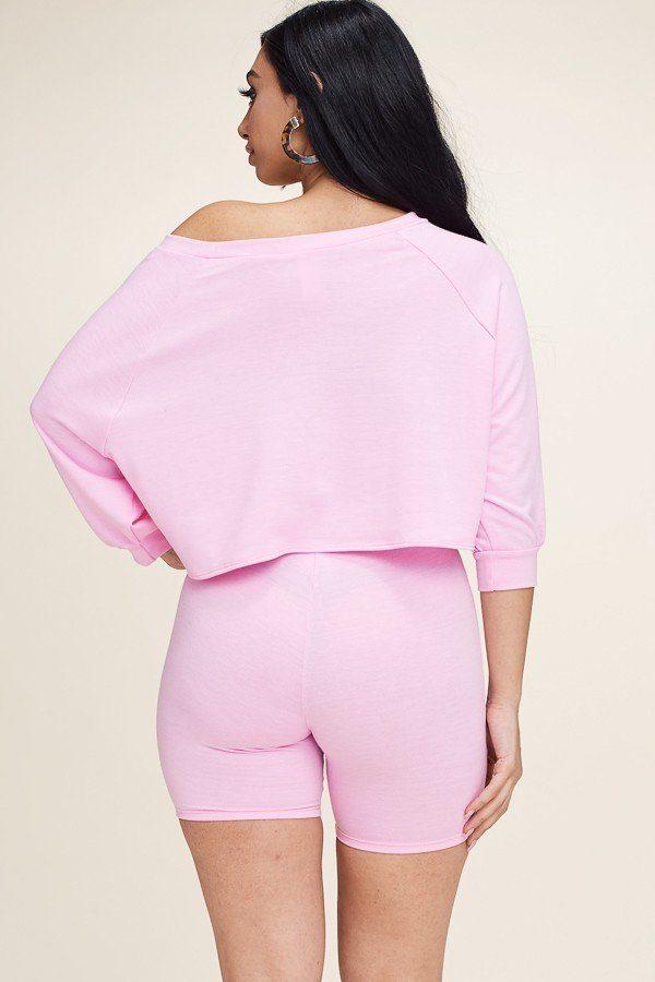 Solid French Terry Tie Front Off The Shoulder Slouchy Top And Shorts Two Piece Set - Absolute Fashion 2020