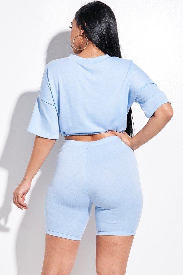 Solid French Terry Short Sleeve Tie Front Top And Biker Shorts 2 Piece Set - Absolute Fashion 2020