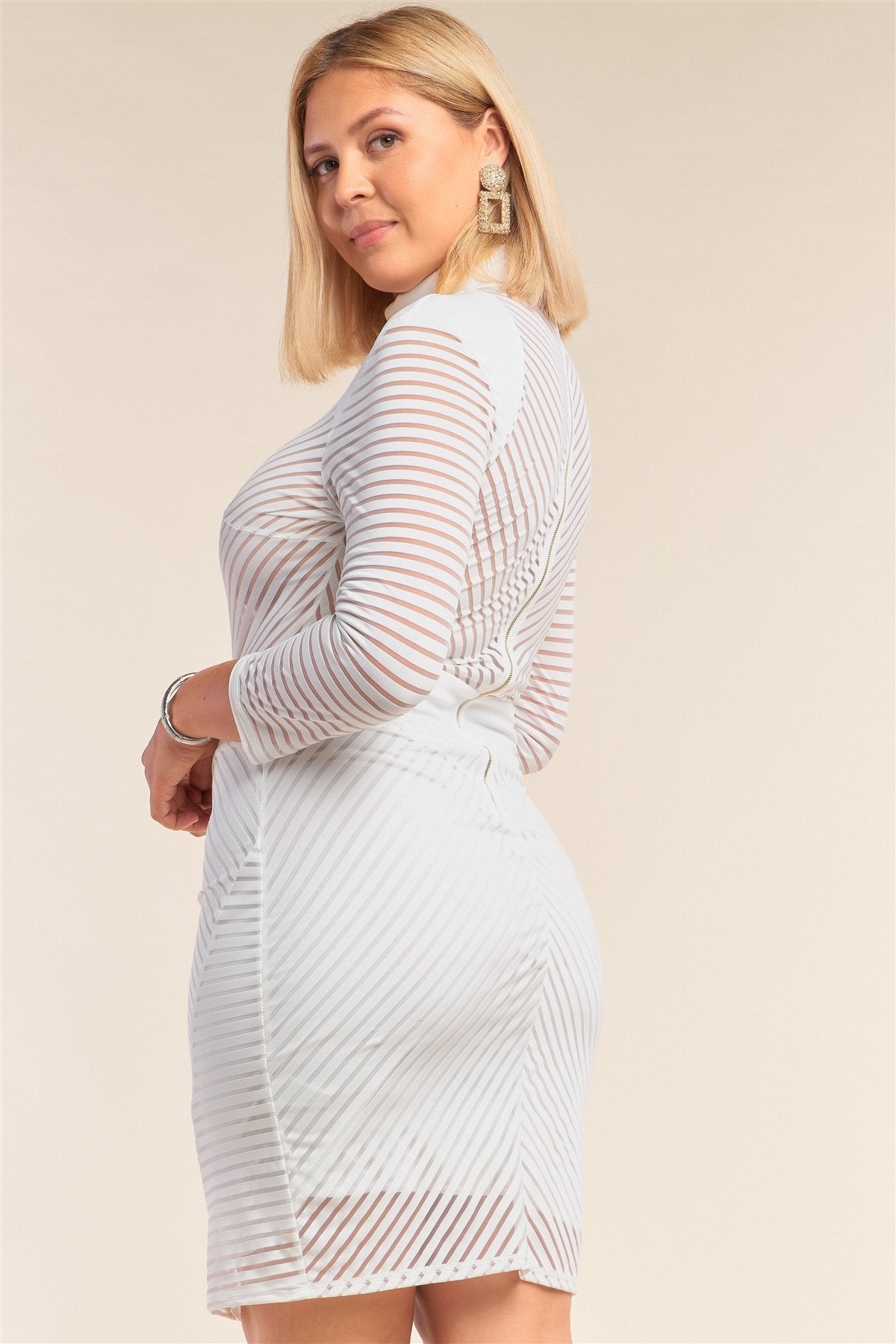 White Plus Size Long Sleeve Chevron Sheer Bodycon Mini Dress - Absolute Fashion 2020