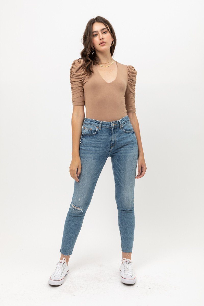 Sheered 3/4 Sleeve, V Neck Rayon Jersey Body Suit - Absolute Fashion 2020