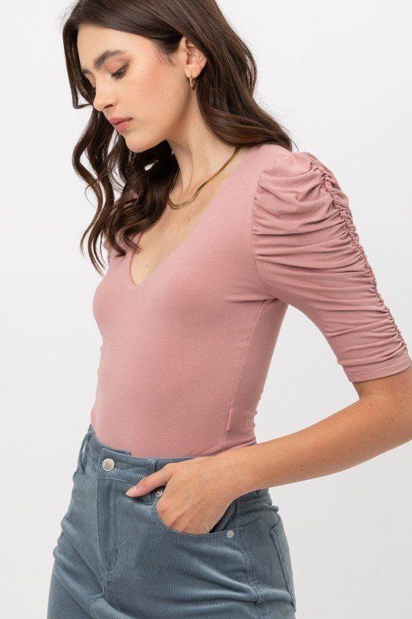 Sheered 3/4 Sleeve, V Neck Rayon Jersey Body Suit - Absolute Fashion 2020