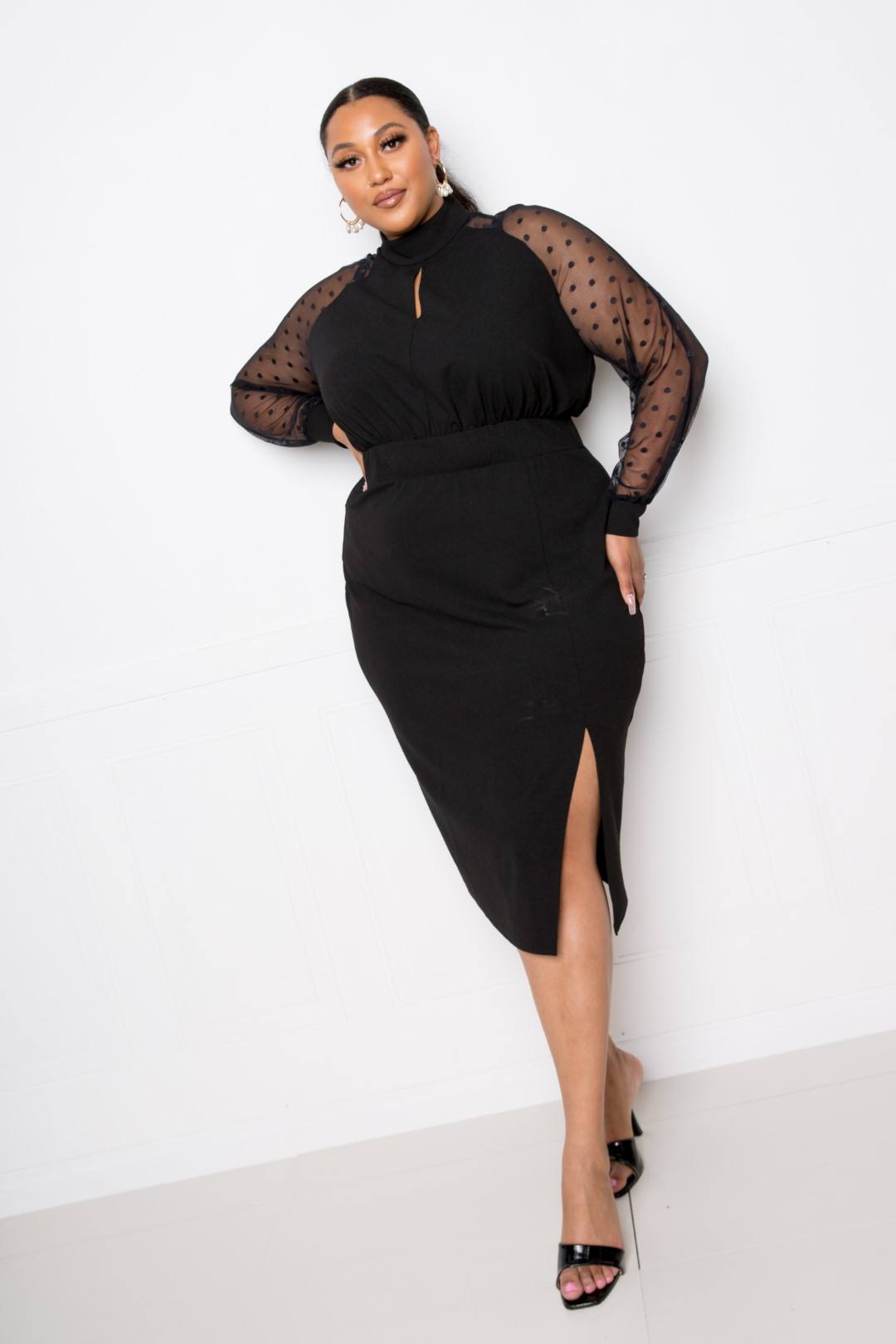 High Neck Dress With Polka Dot Mesh Insert - Absolute Fashion 2020
