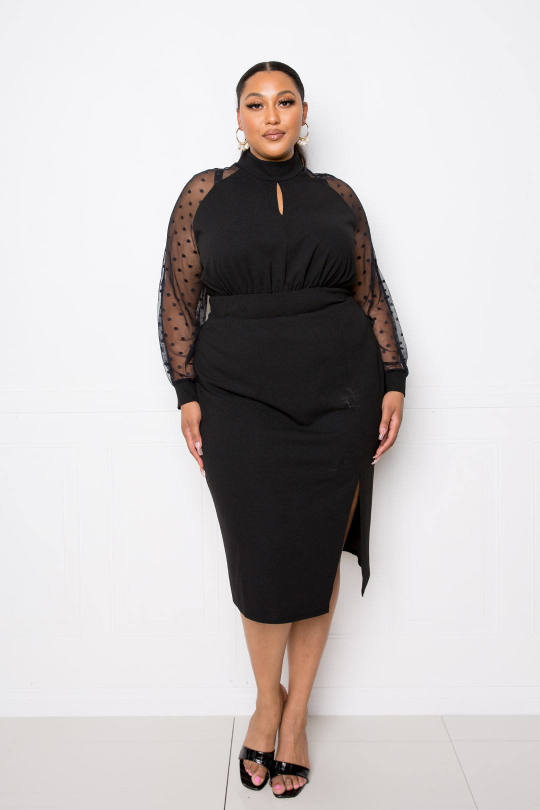 High Neck Dress With Polka Dot Mesh Insert - Absolute Fashion 2020