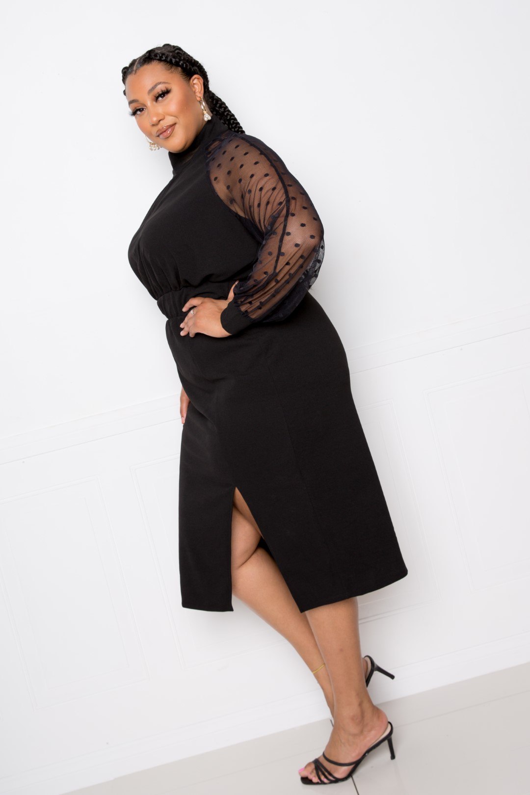 High Neck Dress With Polka Dot Mesh Insert - Absolute Fashion 2020