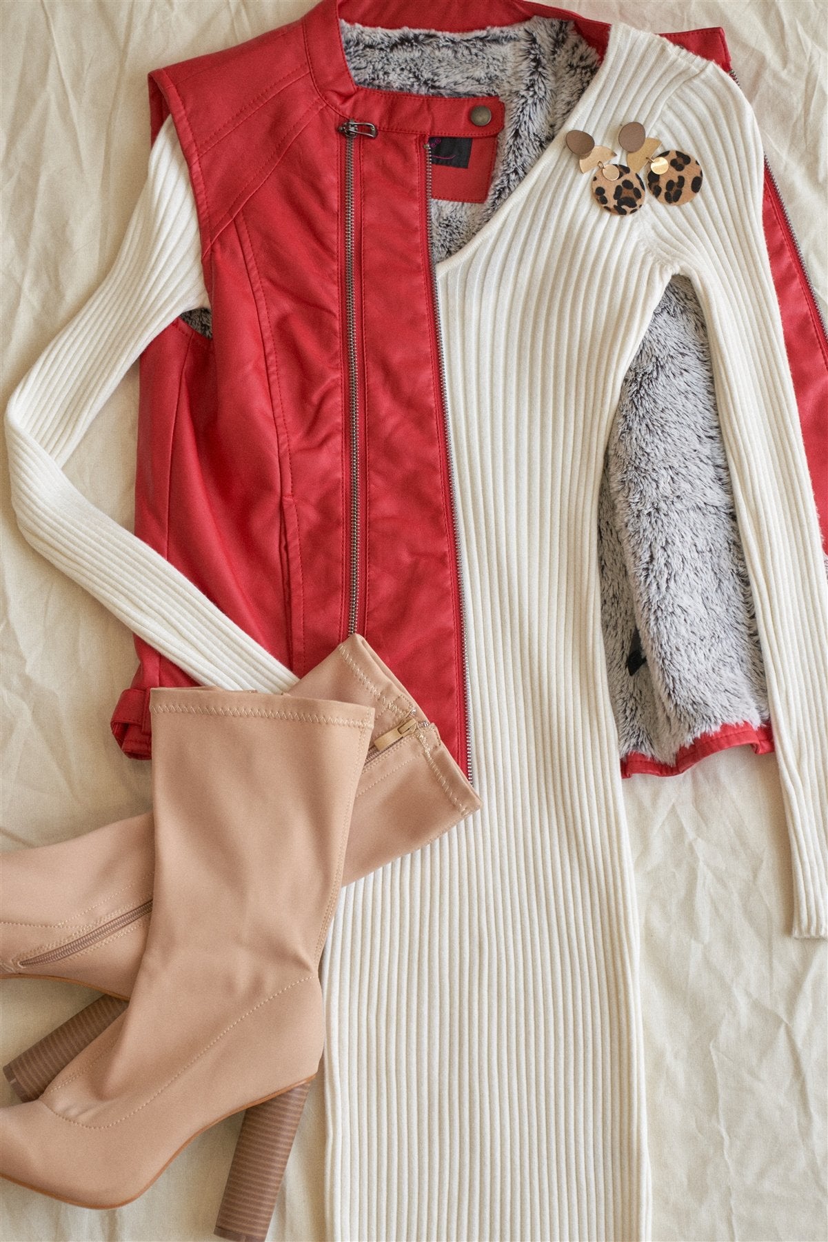 Red Vegan Leather Faux Fur Lining Triple Zip-up Detail Moto Vest - Absolute Fashion 2020