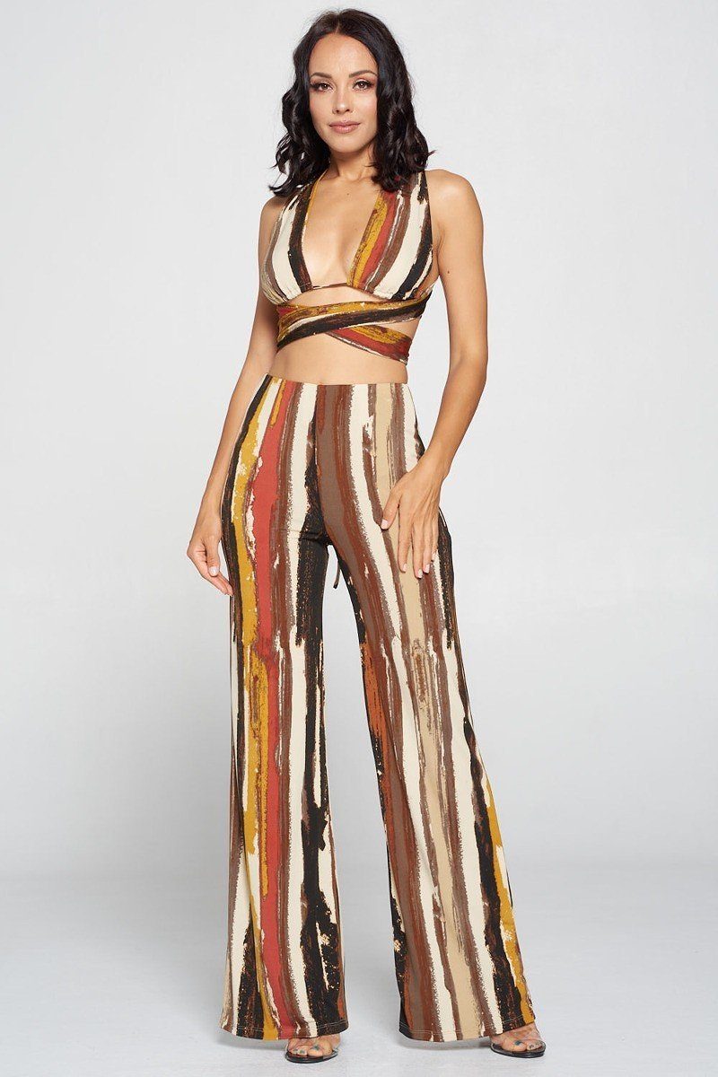 Stripped Cropped Top And Wide Leg Pants Set - Absolute Fashion 2020